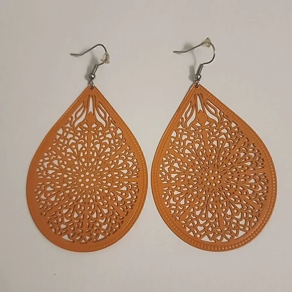 Orange Teardrop Filigree Metal Earrings Drop/Dangle